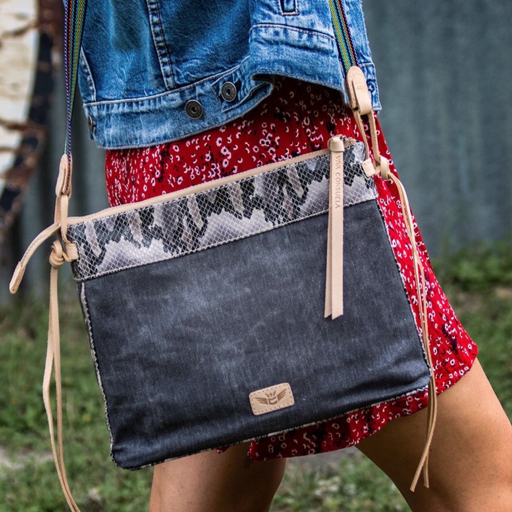 Consuela Flynn Downtown Crossbody Coated Canvas Snakeskin Gray Bag NWT